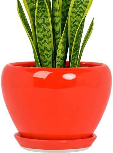 Deep Dream 8 Inch Plant Pots- Ceramic Pots for Plants with Drainage Hole and Saucer, Large Planter Pot for Indoor Plants Outdoor Decor, Red by DeepDream