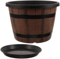 Whiskey Barrel Planter with Saucer, 11.8x8.3 Inch Plastic Flower Pot by Gatuida