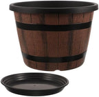 Whiskey Barrel Planter with Saucer, 11.8x8.3 Inch Plastic Flower Pot by Gatuida