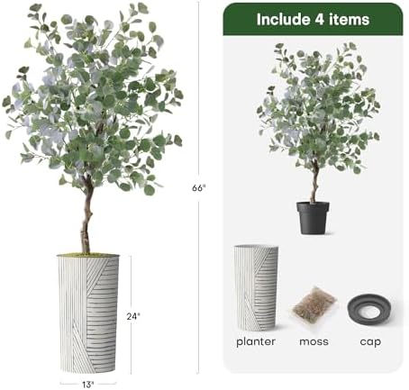 Artificial Tree in Geometric Pattern Planter, Fake Eucalyptus Silk Tree for Indoor and Outdoor Home Decoration - 66" Overall Tall (Plant Pot Plus Tree) - Image 3