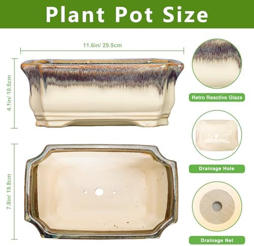 11.6 Inch Succulent Pots - Ceramic Bonsai Tree Pots with Drainage Hole, Succulent Planters for Indoor Plants Outdoor, Bonsai Planter, Garden Decor, House Warming Gifts, Rectangular Beige-Brown - Image 2