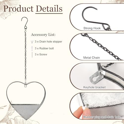3 Pcs 3 Size Heart Metal Hanging Planter Indoor Outdoor, Silver - Image 3