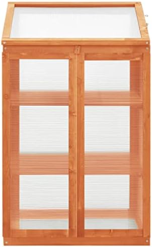 Solid Firwood Garden Portable Greenhouse, Wooden Greenhouse Raised Flower Planter with 2 Shelves and Open Bottom, Garden Portable Mini Greenhouse Cabinet 23.6" x 17.7" x 39.4"/Brown - Image 3