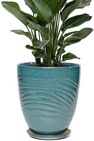 9.5 Inch Modern Ceramic Plant Pot with Saucer, Flower Pot with Drainage Hole Mesh Net,Indoor Outdoor Planter (Crackle-Blue) by Unknown