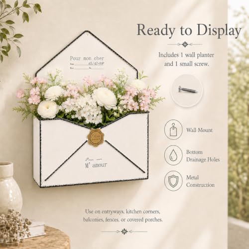 7.3 Inch Metal Envelope Wall Planter Farmhouse Decor Retro White - Image 7