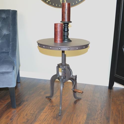 Carolina Chair & Table Adjustable Hand Crank 18" Wooden Top Rustic Side Table - Cast Iron Base Round Accent Table for Farmhouse, Living Room, or Bedroom (Industruial) - Image 2