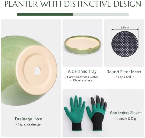 Ceramic Planter with Saucer for Indoor Plants (Light Green, 8.7 Inch) - Image 3