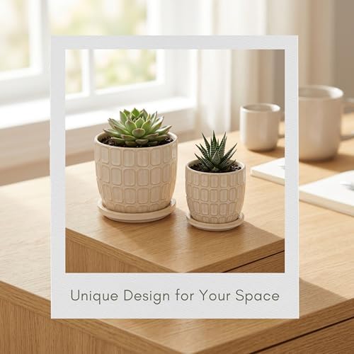 Decorative Flower Planter with Squoval Pattern and Saucer Plate - Home Decor Plant Pots for Indoor and Outdoor Styling - Perfect Plant Pots Accent for Plant Stand Indoor - Set of 2, 7", 6", Ivory - Image 4