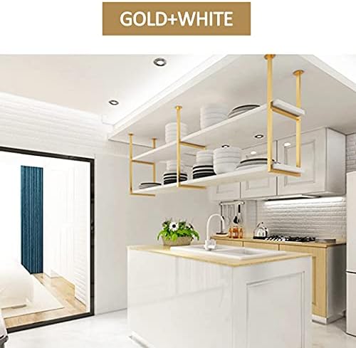 Hanging Ceiling Pot Pan Rack Kitchen Storage Shelving,White Wood Shelf and Gold Metal Iron Frame Wine Holder Flower Stand-60cm/80cm/120cm/150cm Floating Decor Display Racking for B - Image 6