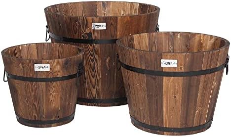 VINGLI 3 PCS Large Wooden Planter Barrel Set, 11.5"(Dia)- 18"(Dia) Real Wood Indoor/Outdoor Flower Pot w/Drainage Holes, Different Sizes, Large Garden Container Box by VINGLI