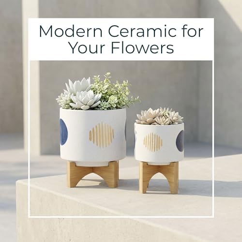 Funky Shapes Ceramic Planters with Wooden Stand for Home Decor Flower Pots for Living Room, Entryway, and Garden - Raised Plant Pots fo Indoor and Outdoor Plants - Set of 2, 11", 7", White & Tan - Image 3
