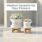 Funky Shapes Ceramic Planters with Wooden Stand for Home Decor Flower Pots for Living Room, Entryway, and Garden - Raised Plant Pots fo Indoor and Outdoor Plants - Set of 2, 11", 7", White & Tan - Image 3