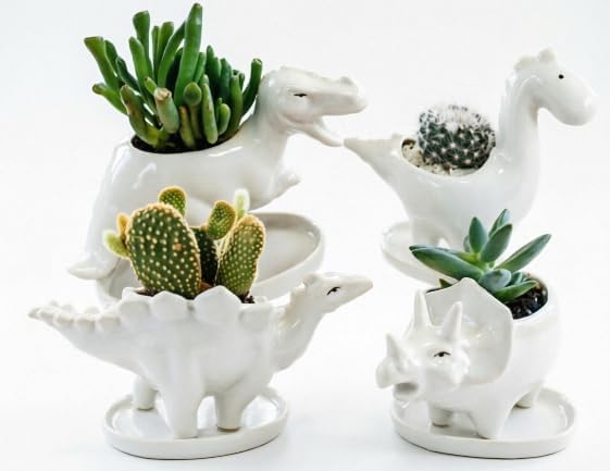 Ceramic Succulent Plant Pot Cactus Plant Pot Flower Pot Container Planter with Drainage Hole Home Office Desk Garden Gift Idea Animal Shaped Flower Pot Cute Vase Pot (4pcs Dinosaur) by zmgmsmhendlessefforts