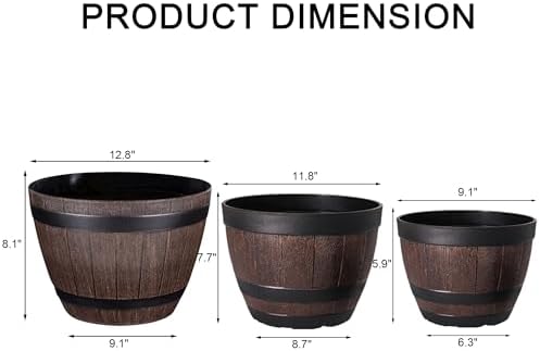 VECELO Plant Pots with Drainage Holes & Saucer, 9/11.3/13 Inch Flower Pots with Tray, 3 Pack Plastic Whiskey Barrel Planters for Indoor & Outdoor Garden Home Plants and Flowers - Image 7