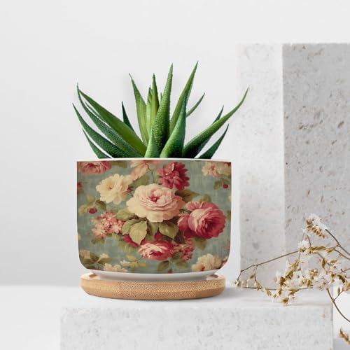 Watercolor Pink Roses Planter Ceramic Romantic Flower Round Flower Pot with Drainage Holes and Bamboo Tray Pot for Pots Outdoor Indoor Plants - Image 7