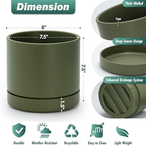 Phoenix Vine 8 Inch Planter Pot with Drainage Hole & Saucer, Deep Water Catch Tray, Straight Cylindrical Round Pot for Plants, Olive, Pack of 2, 23-D-T-2 - Image 3