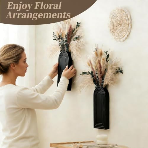 2 Pack Wooden Wall Vase Set with Pampas Grass Eucalyptus, Modern Farmhouse Boho Wall Decor for Living Room, Entryway, Hallway, Bathroom, Dining Room, Black Wall Art for Home Decoration - Image 5