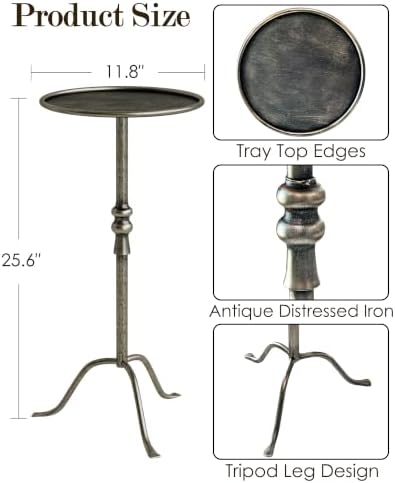 25.6" Vintage Round Pedestal End Table with Tray Top, Antique - Image 2