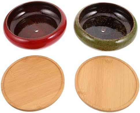 HOMSFOU Xmas 2pcs Round Ceramic Planter Pot with Drainage Bamboo Tray by HOMSFOU