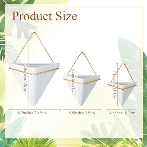 3 Sets Ceramic Wall Hanging Planters Indoor 3 Size Geometric Hanging Planters for Indoor Plants Self Watering Pots with Metal Holder for Air, Cactus, Faux Plants and Home Office Decor - Image 2