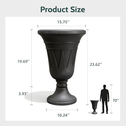 Tall Plastic Urn Planters and Pedestal - 24" Outdoor Planter Black - Image 3