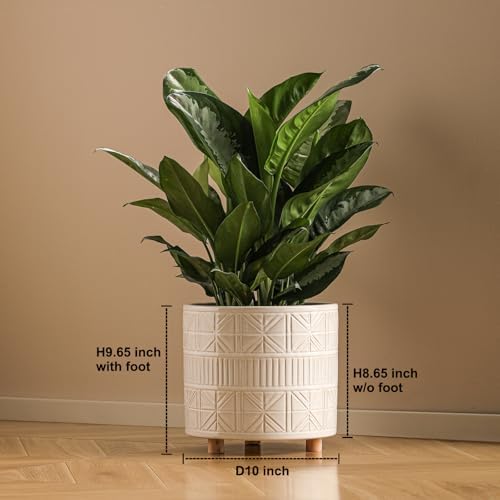 Ceramic Plant Pot with Foots: 10 Inch Planter with Wooden Legs - Large Pots for Indoor Plants - Modern Flower Pot for Home Office Patio Garden Windowsill - Image 3