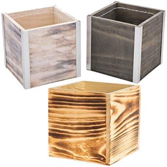 Wooden Planter Box, Rustic Burned Wood/Whitewash with Plastic Liner l Garden Decor l Restaurant and Wedding Decorations l Wood Box (5x5 Set of 4, Burned Wood) - Image 5