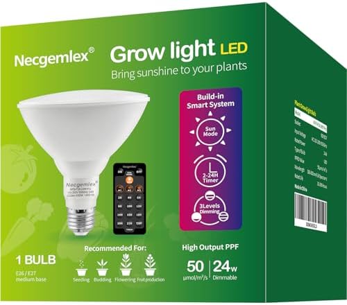 Smart LED PAR38 Grow Light, Dimmable, Sun Mode Dimming - Mimics Real Sunshine, Daily Run Auto Timer, Remote Control - Full Spectrum for Indoor Plant Growth by NecgemlexGrowLight