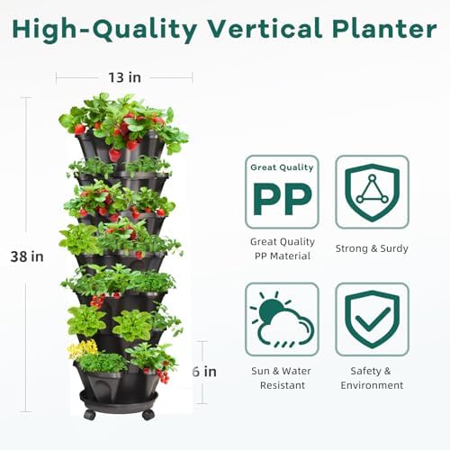 Strawberry Vertical Planters Tower Garden 3 Pack, 7 Tiered Stacking Herb Vegetable Planter with Support Pole Indoor and Outdoor - Black - Image 2
