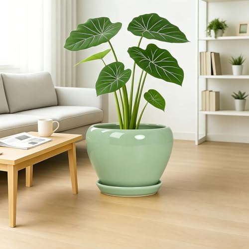 Deep Dream 10 Inch Plant Pot- Ceramic Planter Pot Round Plant Pots for Indoor Plants Outdoor Large Flower Pot with Drainage Holes & Trays, Mint Green - Image 5