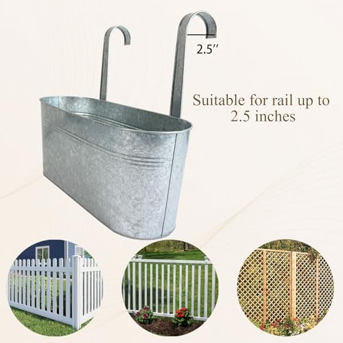 8 Pack 17" Galvanized Hanging Railing Planters with Hooks and Drainage - Image 6