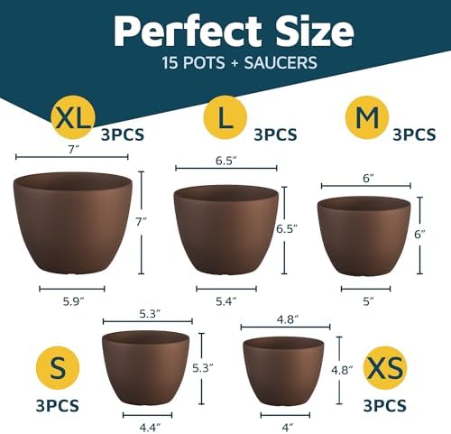 Brown Plant Pots with Drainage Holes & Saucers 15 Pack, Indoor & Outdoor Stackable Space-Saving Planters for Houseplants & Flowers, (7", 6.7", 6", 5.3", and 4.8" Inches), Durable & Weatherproof - Image 2