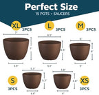 Brown Plant Pots with Drainage Holes & Saucers 15 Pack, Indoor & Outdoor Stackable Space-Saving Planters for Houseplants & Flowers, (7", 6.7", 6", 5.3", and 4.8" Inches), Durable & Weatherproof - Image 2