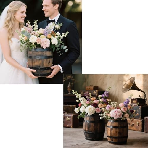 2 Pcs Wood Wine Barrel Vase 6" x 5" – Rustic Wooden Flower Vase Planter for Wedding Reception, Home Indoor Outdoor Garden, Kitchen, Party Table Decoration - Image 4