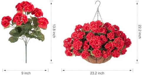 INSPRING Geraniums Artificial Flowers Hanging Basket for Outdoors Outside Decoration, 8 Bundles Silk Flowers Fake Plants Look Real UV Resistant for Porch Home Patio Balcony Yard, Red - Image 4