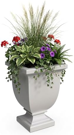 Mayne Augusta 26in Self-Watering Tall Square Urn Planter, White by Mayne