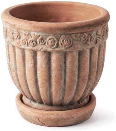 8" Rustic Weathered Terracotta Plant Pot with Saucer, Embossed Rose Pattern Planter with Drainage Hole, Vintage Flower Pot by Wavy+Studio