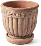 8" Rustic Weathered Terracotta Plant Pot with Saucer, Embossed Rose Pattern Planter with Drainage Hole, Vintage Flower Pot by Wavy+Studio