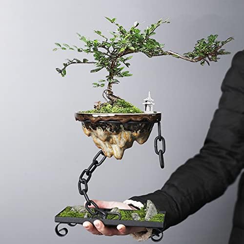 Bonsai Pots, Succulent Planter Pot, Iron Chain Suspension Hanging Ceramics Pot Ornament, Indoor Living Room Decoration Garden Supplies Square - Image 2