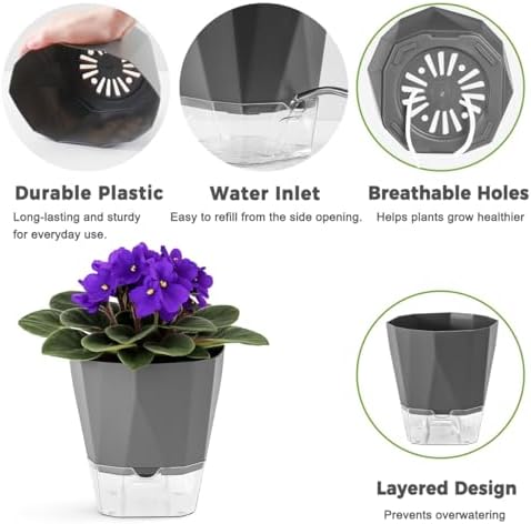 12 Pack Self Watering Plant Pots 6 Inches Self-Watering Planters for Indoor and Outdoor Plants African Violet Succulent Pots Clear Pot for Plants Large Herb Orchid Flower Houseplant Plant, Dark Grey - Image 4