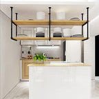 Ceiling Hanging Bar Unit Modern Ceiling Hanging Storage Rack Kitchen Pot Pan Shelf Flower Stand Plants Shelving Floating Shelves 60/80/100/120/150 Cm Bar Wine Holder Wood and Metal - Image 6