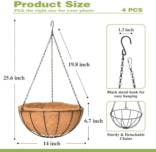 4 Pack 14 Inch Hanging Baskets for Plants Outdoor Metal Hanging Planter Hanging Flower Baskets with Coco Fiber Liners Chain Round Wire Plant Holder Hanging Flower Pots(Watermelon) - Image 4