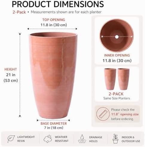 Sun-E 21" Tall Outdoor Planter 2 Pack, Terracotta-Look Round Plastic Pots - Image 6