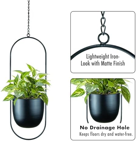 Modern Metal Hanging Planters with 6 Inch Pots and Sturdy Rods - Set of 2 Oval Geometric Plant Hangers - Black Wall and Ceiling Mount Flower Holders for Indoor and Houseplants - Image 5