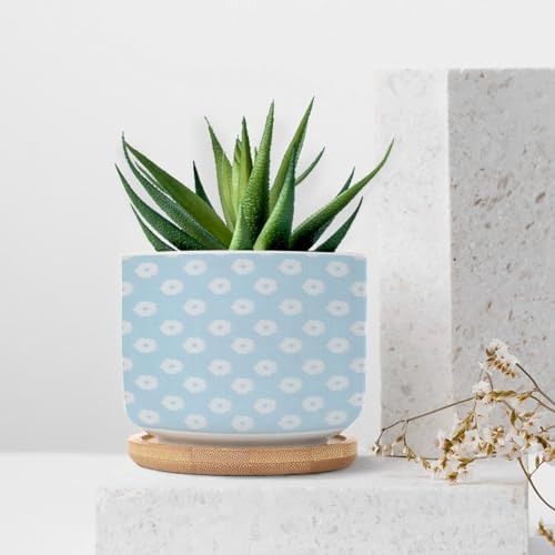 Timur in Blue Background Planter Ceramic Geometric Modern Round Plant Pots with Drainage Holes and Bamboo Tray Pot for Home Office Desk Garden - Image 7