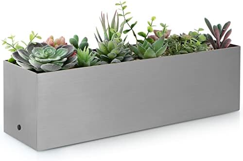 17" Large Stainless Steel Planter Box with Drain Holes and Water Reservoir, Rectangle Succulent Trough Planter Pot for Indoor Outdoor Windowsill, Table Decor (Brushed Nickel) by Sanbege