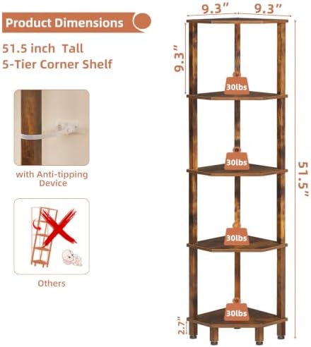 YUFAM 5-Tier Corner Shelf, Brown - Image 2