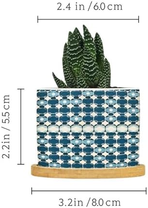 Blue Geometric Planters Ceramic Blue and White Round Plant Pot with Drainage Holes and Bamboo Tray Pot for Outdoor Garden Home Plant - Image 2