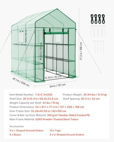 VEVOR Walk-in Greenhouse, 54" x 81.1" x 77.2" Greenhouse for Outdoors with Windows, PE Cover, 2 Tiers 14 Shelves, Roll-Up Zipper Door, Walk in Green House, Portable Plant Garden Hot House for Backyard - Image 7