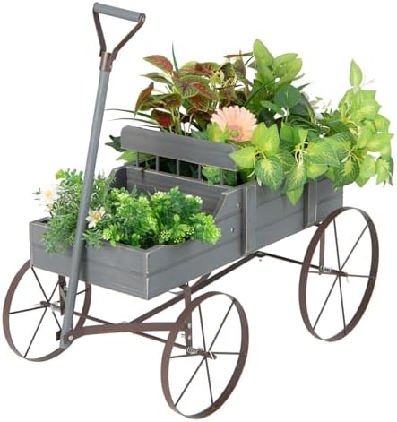 DORTALA Wood Wagon Planter, Outdoor Garden Flower Planter Cart with Wheels, Small Decorative Wood Raised Bed Plant Pot Box Stand for Backyard, Patio, Balcony, Grey by DORTALA